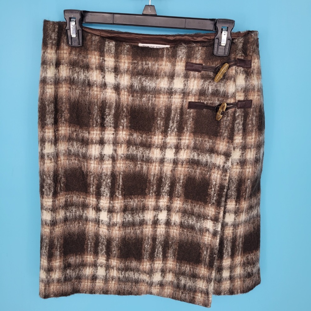 Pendleton Plaid Mohair Wool Skirt Women 6 Vintage Brown Faux Wrap toggle winter